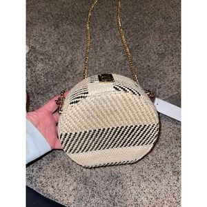 Alessia Crossbody Bag Round Clutch with Chain Beige Black NWT